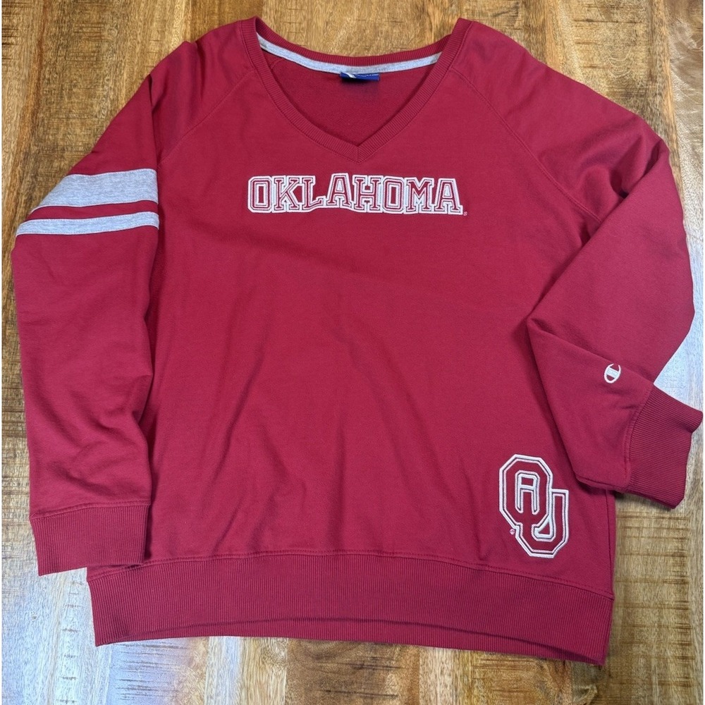 Champion Oklahoma Sooners OU Womens XXL V Neck Sweatshirt Crimson NCAA Heritage